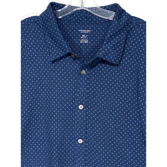 Van Heusen Never Tuck Button Polo Shirt Mens Big Tall 2XLT Blue Geometric Preppy - Picture 2 of 7